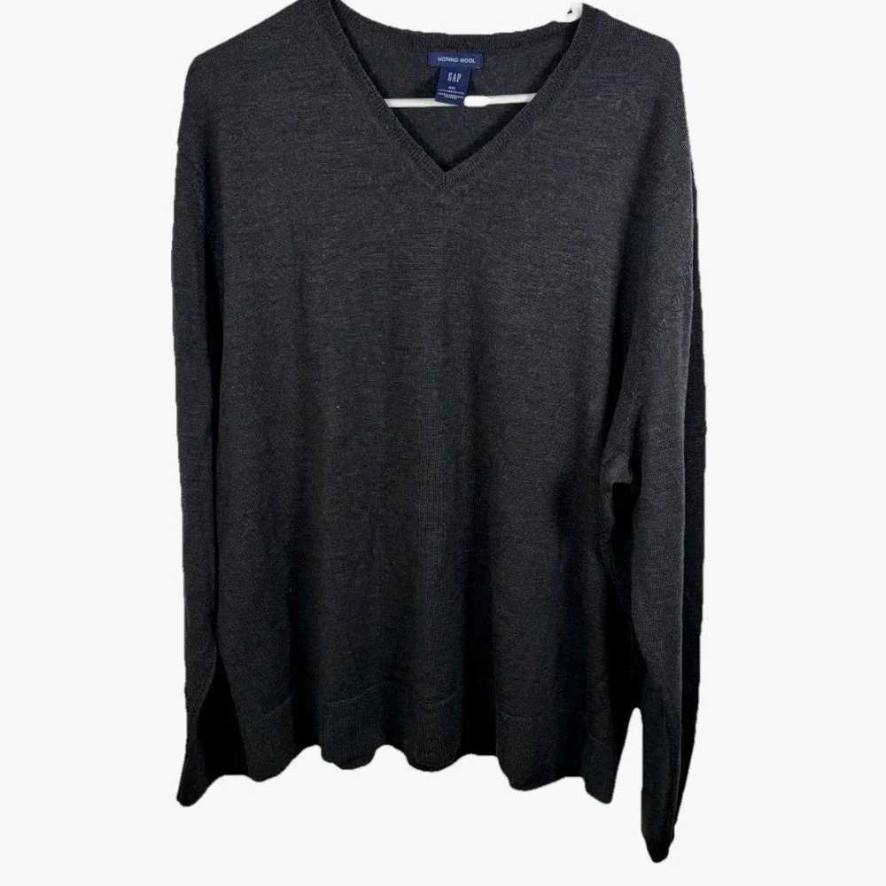 Vintage Y2K Gap Merino Wool Sweater Charcoal Gray V-Neck‎ Men 2XL Classic EUC